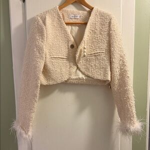 Chic Cream Cropped Blazer with Feather Accents